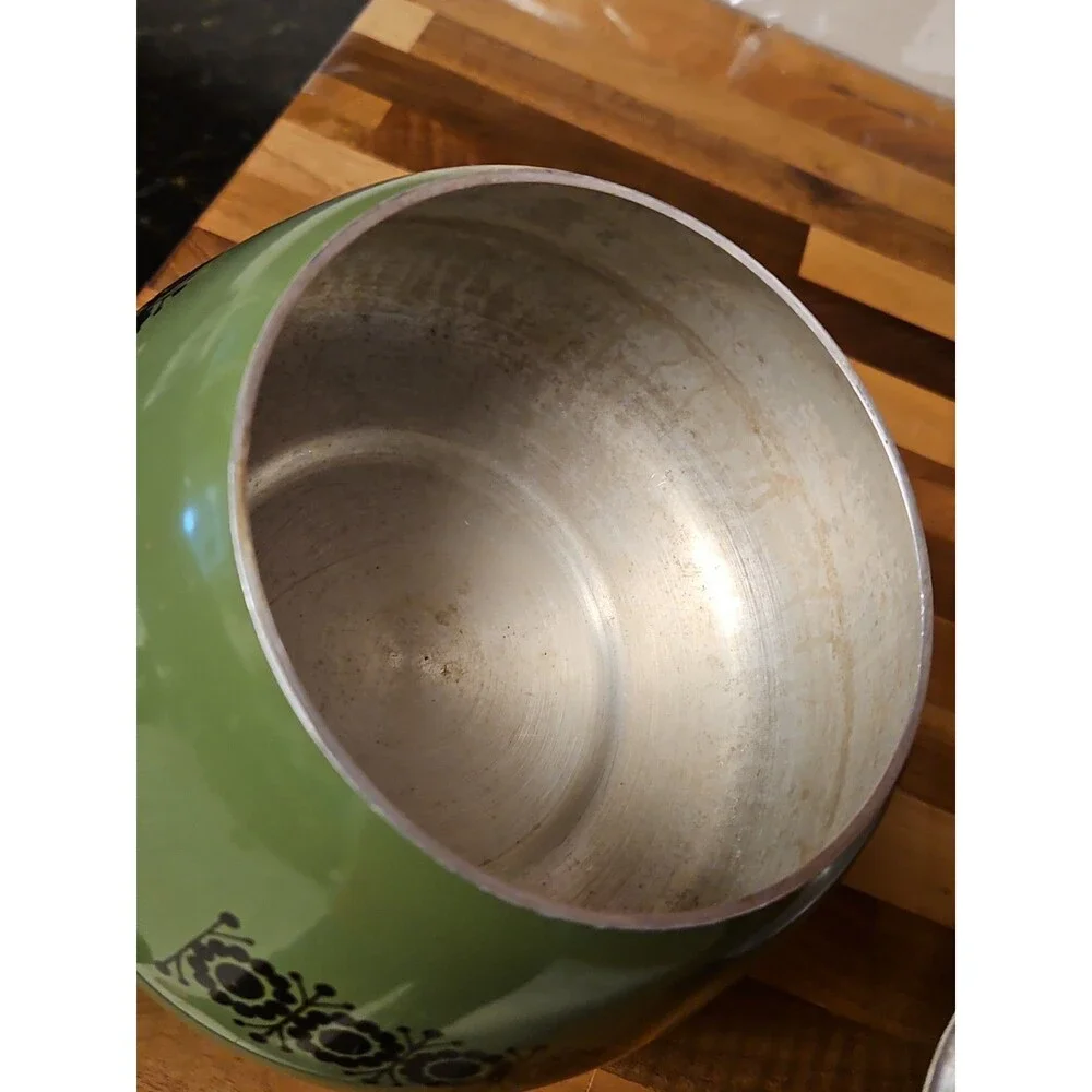 Vintage Green Enamel Fondue Pot Saucepan Floral MCM Boho Wood Handle 1970s